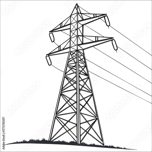 A stark black and white illustration of a tall electricity pylon with power lines stretching across a white background