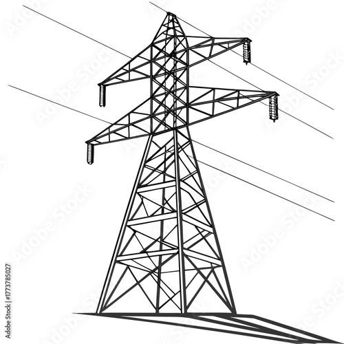 A stark black and white line drawing illustration of a tall industrial electricity pylon supporting power lines against a white background