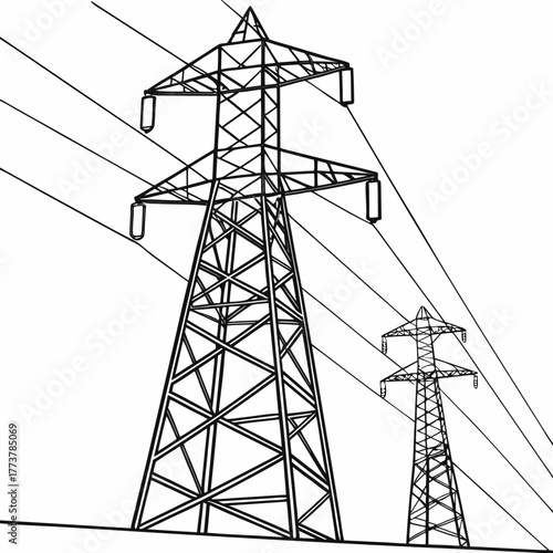 Two towering electricity pylons with multiple power lines stretching across a white background in a graphic illustration style