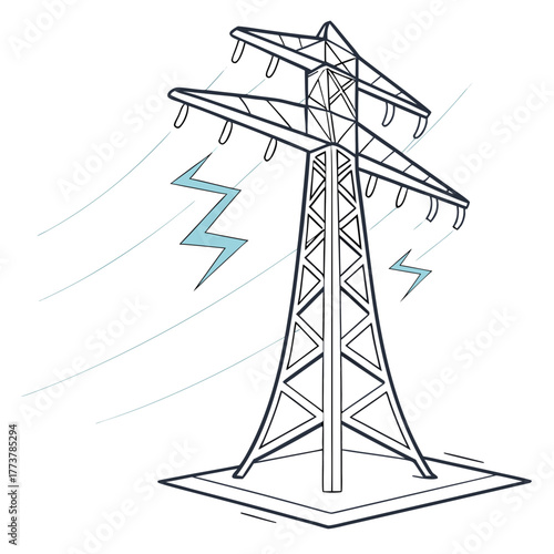 Stylized illustration of a high voltage electricity pylon with lightning bolts and transmission lines against a white background