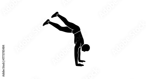 Acrobat standing on hands black white icon 