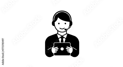 Male holding electronic tablet black white icon 