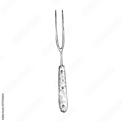 Vector Meat fork. Graphic ink kitchen tool illustration for barbecue, isolated on background. Hand drawn line sketch. For designers, prints, logo, icon, menu, postcards, holiday, covers