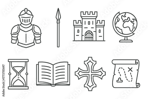 Medieval icons set: armor, spear, castle, globe, hourglass, book, cross, map.