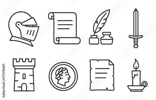 Medieval icons featuring armor scrolls sword castle coin quill candle.