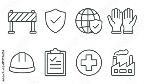 Industrial safety icons: barricade, shield, globe, gloves, helmet, checklist, cross, factory.