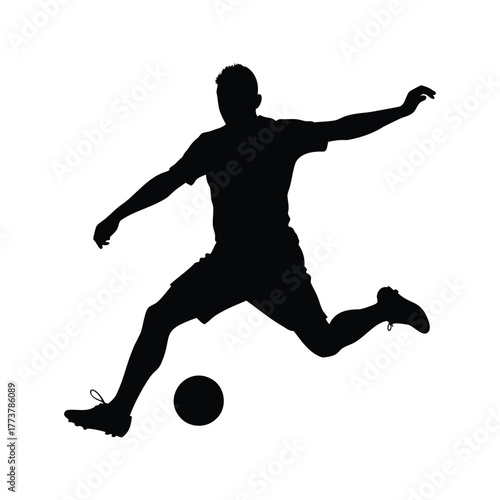 Silhouette of a soccer player kicking a ball in black and white, soccer player kicking ball silhouette vector illustration