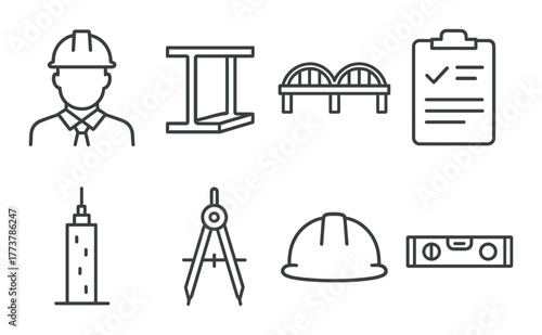 Construction icons set featuring tools and equipment for engineering projects.