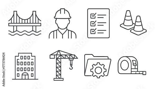 Construction icons set: bridge, worker, checklist, cones, building, crane, folder, tape.