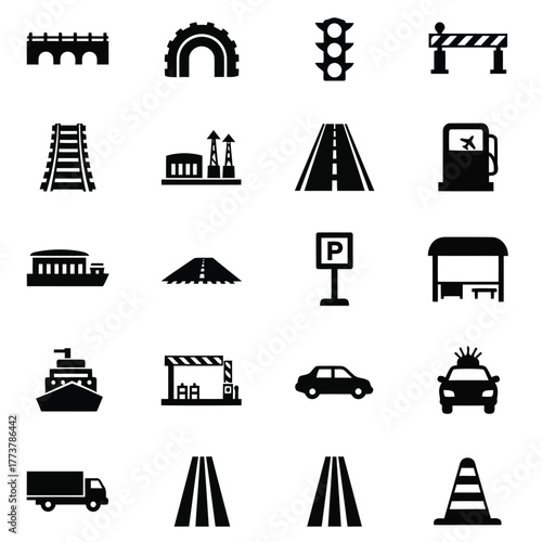 Vector illustration of collection of transportation and infrastructure icons