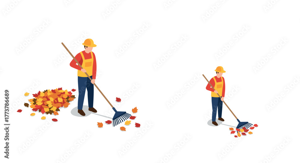 Fototapeta premium Isometric worker raking autumn leaves in safety gear on white background