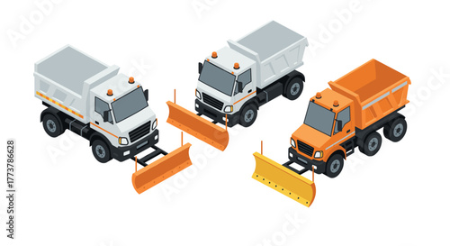 Isometric dump trucks with snow plows for urban winter road maintenance