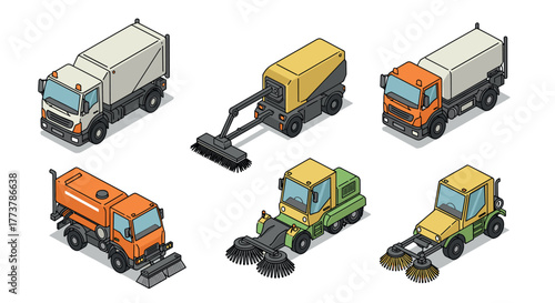 Isometric street cleaning vehicles collection in colorful style
