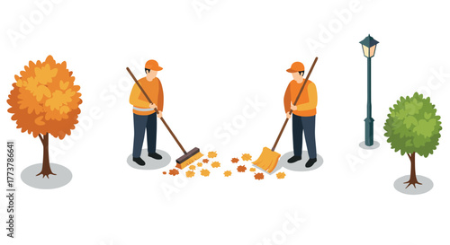 Autumn park cleanup isometric illustration with workers sweeping leaves