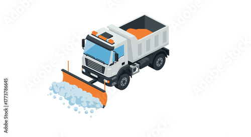 Isometric snow plow truck with orange sand load on white background for winter maintenance