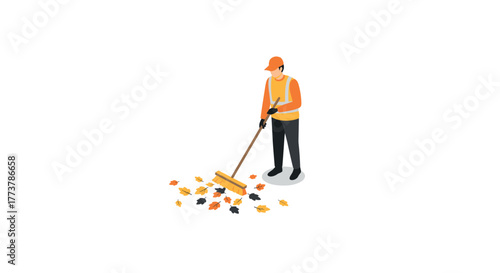 Isometric worker sweeping autumn leaves in urban environment