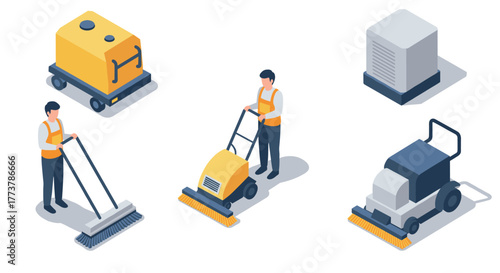 Isometric street sweeper machines with workers in safety vests