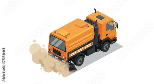 Isometric street sweeper truck concept with dust clouds