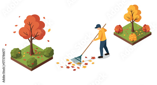 Isometric autumn scene with man raking leaves next to colorful trees and bushes
