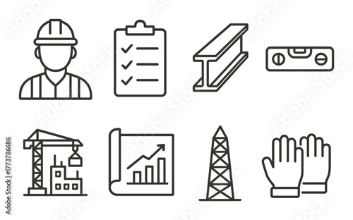 Construction icons: engineer, blueprint, crane, tools, steel beam, oil rig.