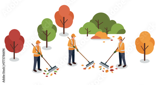 Isometric workers raking autumn leaves in park with colorful trees