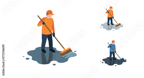 Isometric workers cleaning: men sweeping water puddles with brooms