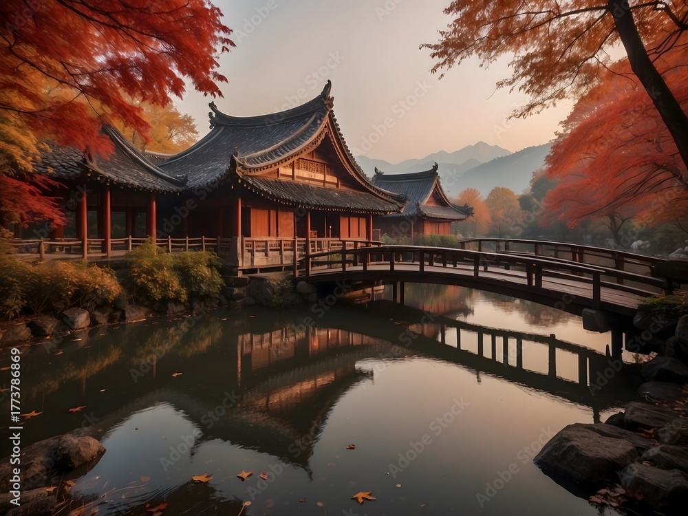 Fototapeta premium Mystical Asian autumn landscape along a gentle river, surrounded by red and golden maple trees. A graceful arched bridge and a pagoda are veiled in soft fog. Warm amber light filters through the haze