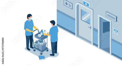 Isometric healthcare sanitation team in protective gear cleaning hospital corridor