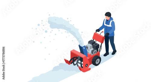 Isometric snow blower in action with operator on winter day