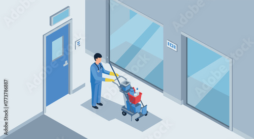 Isometric view of cleaner operating floor scrubber in modern office hallway