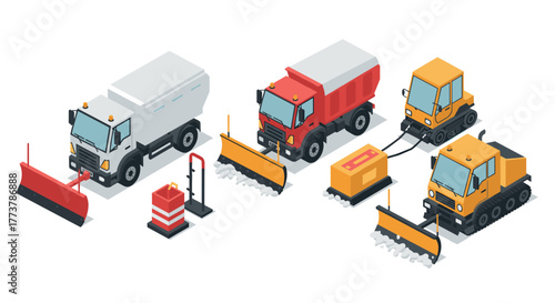 Isometric snow removal vehicles and equipment set for winter maintenance