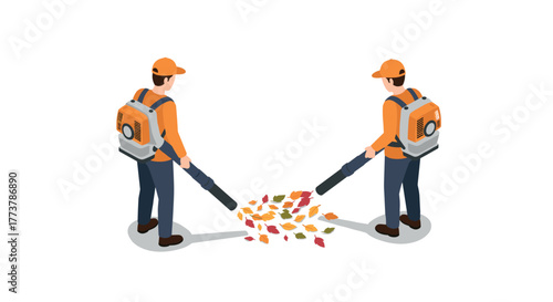 Isometric workers using leaf blowers in autumn scene
