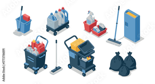 Essential cleaning equipment set featuring carts, supplies, and trash bags in isometric style