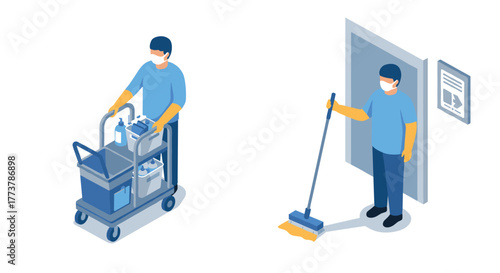 Isometric cleaners in masks with equipment and tools