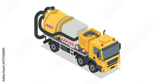 Isometric yellow vacuum tanker truck for industrial waste management on white background