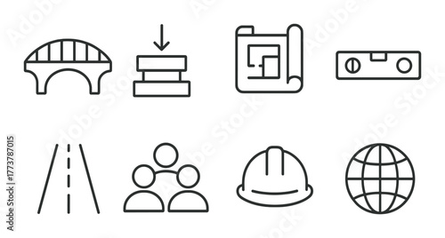 Engineering icons set featuring construction, infrastructure, and tools.