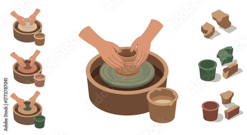 Crafting pottery: hands molding clay on wheel with clay blocks and cups