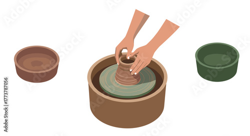 Hands crafting pottery on a wheel with clay bowls in minimalist style