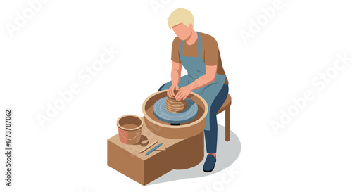 Potter at work: isometric illustration of artisan crafting clay on pottery wheel