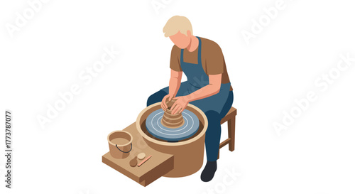 Craftsman shaping pottery on wheel: isometric illustration of artisan at work