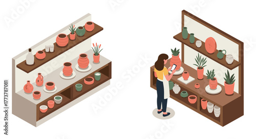 Isometric pottery store scene with customer browsing handcrafted ceramics