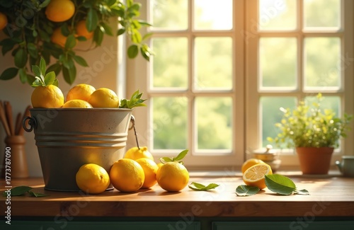 Bucket of ripe yellow lemons sits on a wooden kitchen counter near a window with green orchard outside. Fresh fruit composition ready for cooking.