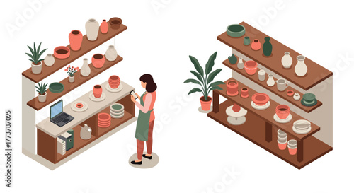 Isometric pottery shop scene with woman arranging ceramic vases and bowls on shelves