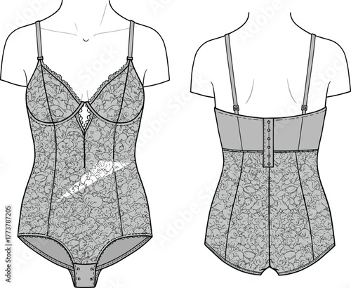 Elegant lace bodysuit technical fashion sketch front and back view lingerie garment design with floral pattern and underwire support details