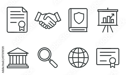 Business and legal icons set: contract, handshake, book, chart, institution, magnifying glass, globe, certificate.