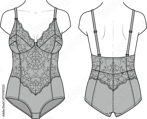 Elegant lace bodysuit technical fashion sketch front and back view lingerie garment design with floral details and stitching elements