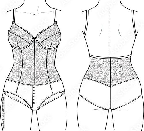 Lace bodysuit technical fashion illustration front and back view with underwire cups, button closure, floral pattern and seam details