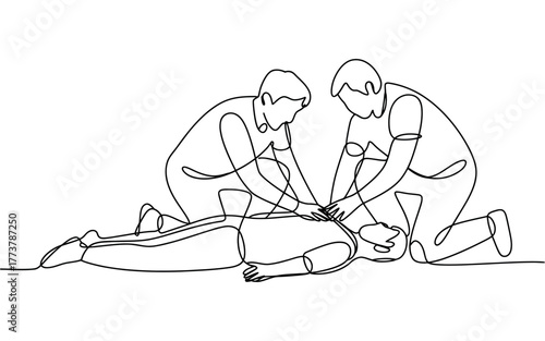 Two people perform cardiopulmonary resuscitation on an unconscious person, illustrating emergency medical care and life-saving efforts.