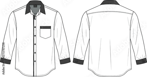 Men’s long sleeve button-up shirt technical flat sketch with contrast collar, cuffs, pocket trim, front and back views vector illustration