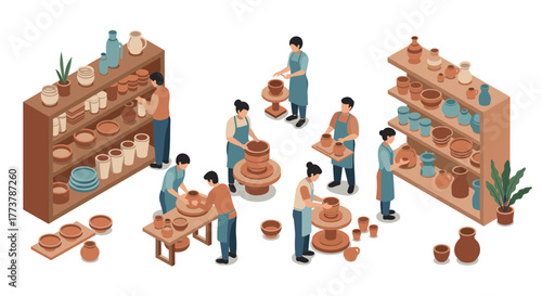 Ceramic artisans in workshop crafting pottery in isometric style
